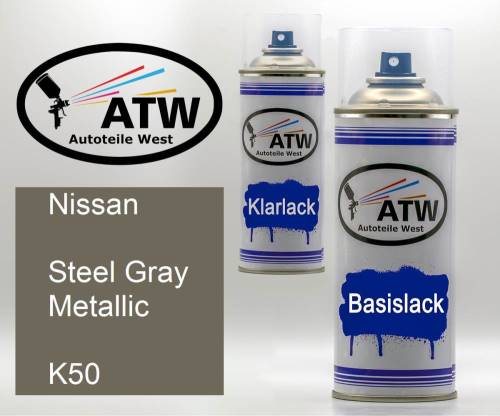 Nissan, Steel Gray Metallic, K50: 400ml Sprühdose + 400ml Klarlack - Set, von ATW Autoteile West.